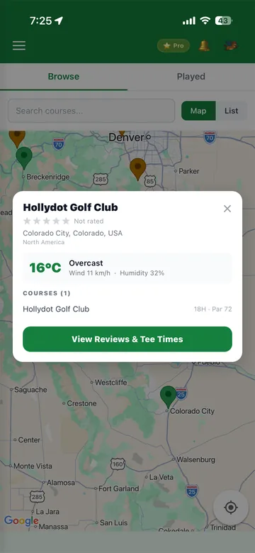 HoselRocket's course map: nearby golf courses with the weather at a selected club