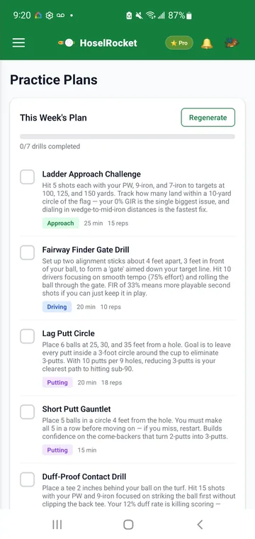 An AI-written weekly practice plan in the HoselRocket Android app